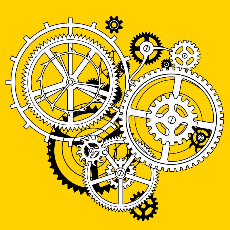 White and black linear gear wheels in flat style hole on yellow