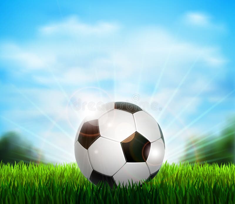 White and black soccer ball on the green glade with grass. Background with blue sky, sunshine and sport equipment for stock illustration White and black soccer ball on the green glade with grass. Background with blue sky, sunshine and sport equipment for stock illustration