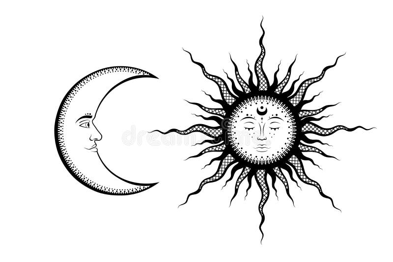 White and Black Vector Isolated Sketch Tattoo Sun and Moon in Boho Style  Stock Vector - Illustration of mysterious, drawn: 223992261