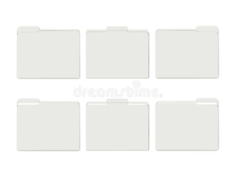 White blank file folder with cut tab divider. Empty and with paper sheets inside. Mockup. Tabbed document holder mock-up vector illustration