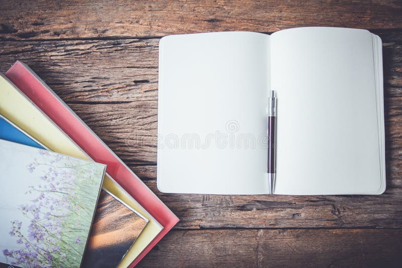 White Blank Pages Sketch Book on Wood Table Stock Image - Image of