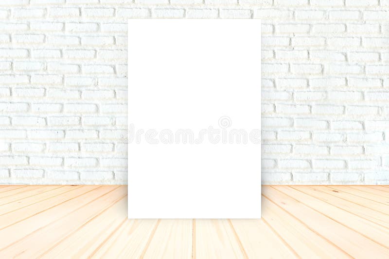 Blank Poster in White brick wall and wooden floor room,Tem royalty free stock image Blank Poster in White brick wall and wooden floor room,Tem royalty free stock image