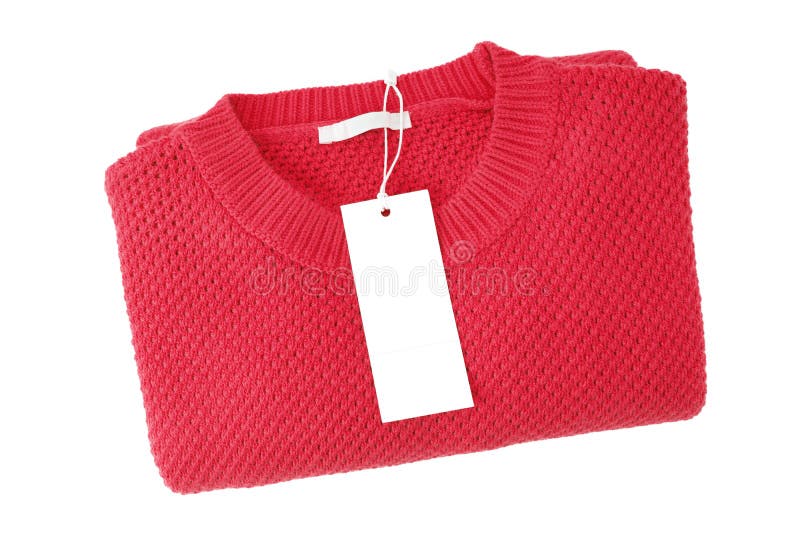White Blank Rectangular Clothing Tag on Red Knitted Sweater Isolated on
