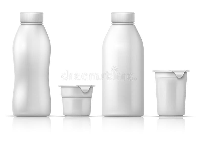 White blank round plastic yogurt can, container and bottles. Vector packaging mockup for dairy milk products