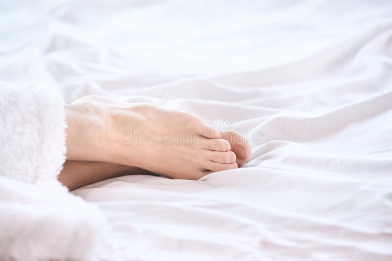 White Blanket. Bright Bed. Female Feet Stock Image Image of family, adult 108588361