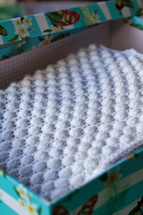 White Blanket Crocheted in a Box for a Gift Stock Image Image of