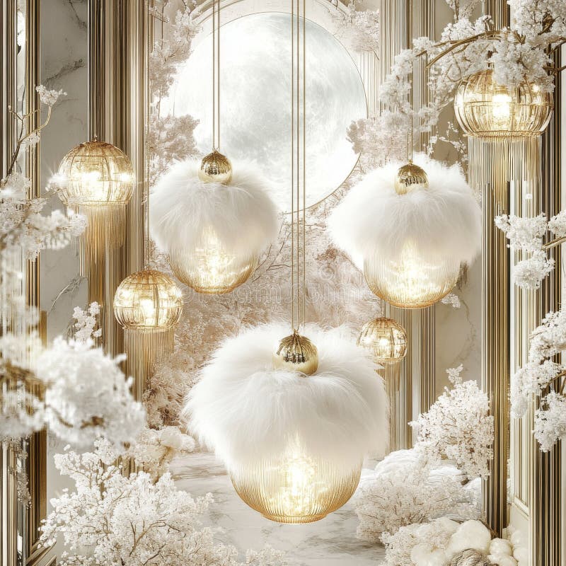 White blossoms, lanterns, and a gold arch combine to form a magical moonlit scene stock photography