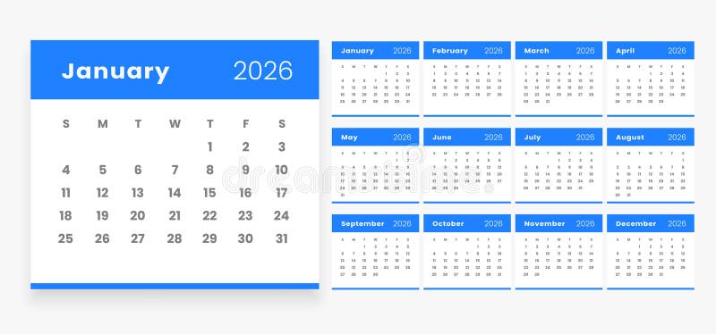 White blue 2026 annual calendar template for event planner royalty free illustration