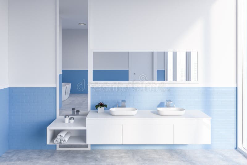 https://thumbs.dreamstime.com/b/white-blue-bathroom-double-sink-interior-modern-brick-walls-concrete-floor-standing-countertop-horizontal-vertical-136396538.jpg