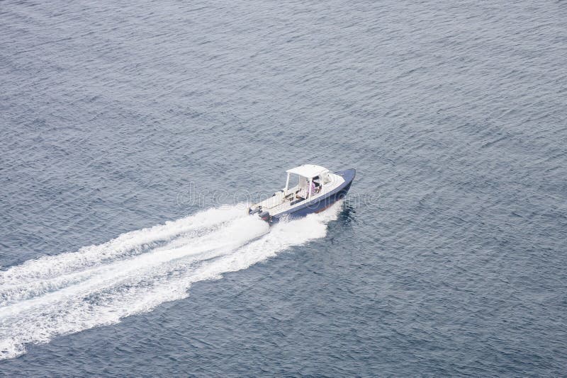 White and Blue Boat Skimming Across Water
