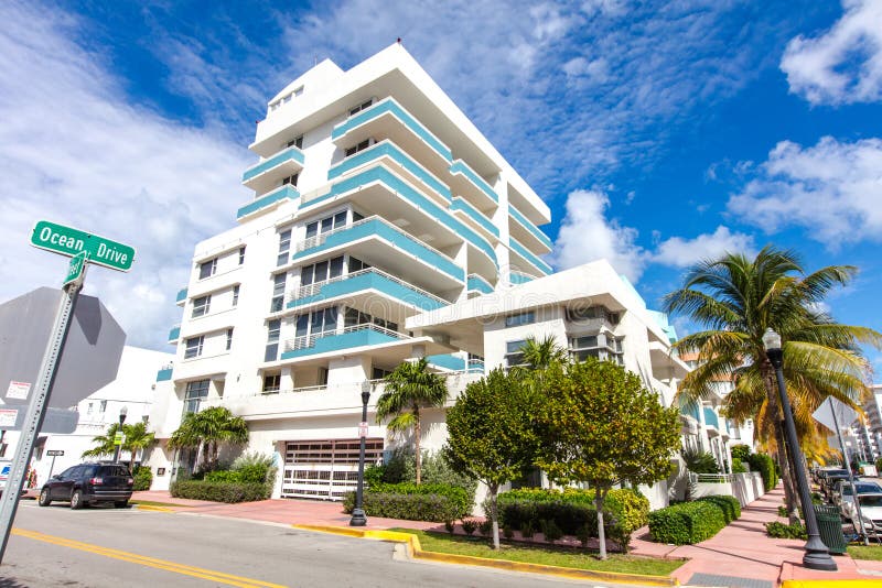 White and Blue Building in Ocean Drive. Miami Beach Stock Photo Image