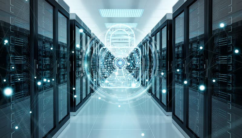 Firewall activated on server room data center 3D rendering stock illustration