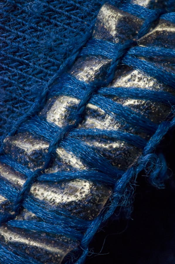 White and Blue Stitches Wool Textile Pattern Macro Stock Photo Image