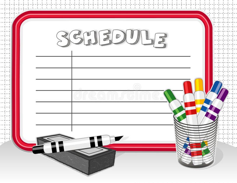 White Board Schedule, Markers, Eraser stock illustration.