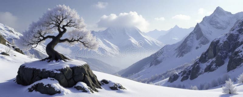 White bonsai tree on black rock in snowy valley, rock, landscape stock illustration