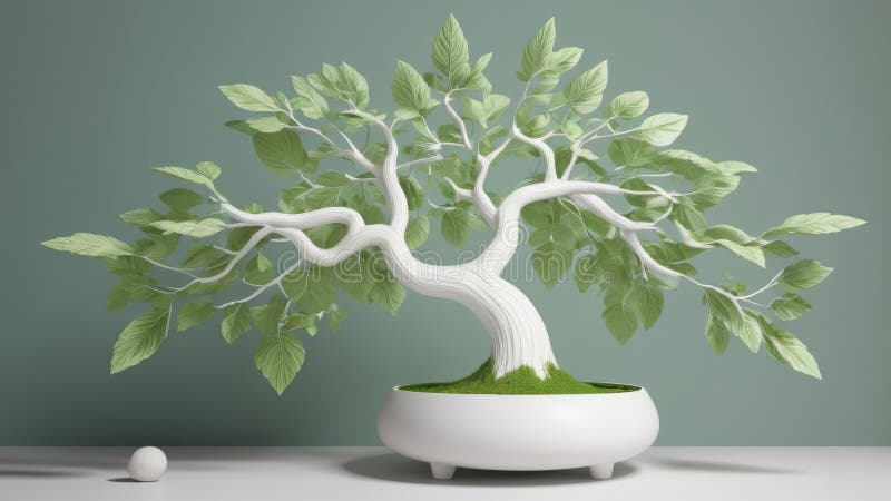 White Bonsai Tree with Green Leaves stock illustration