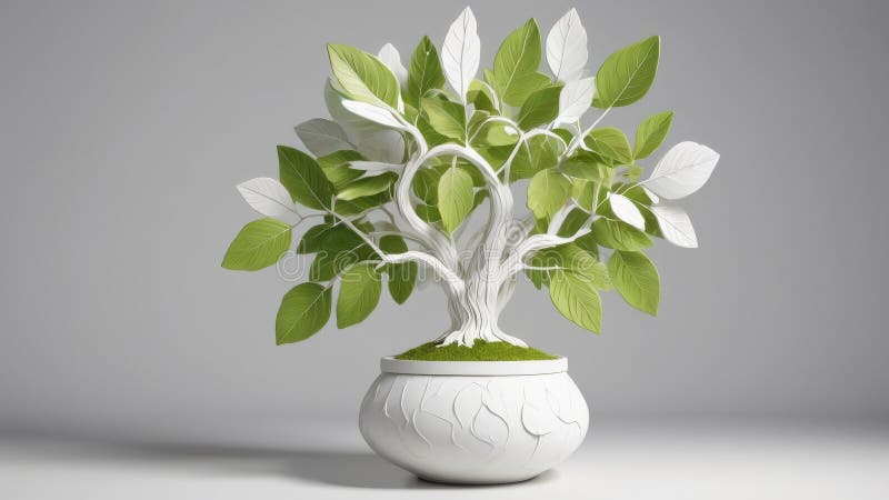 A white bonsai tree with green leaves stock illustration