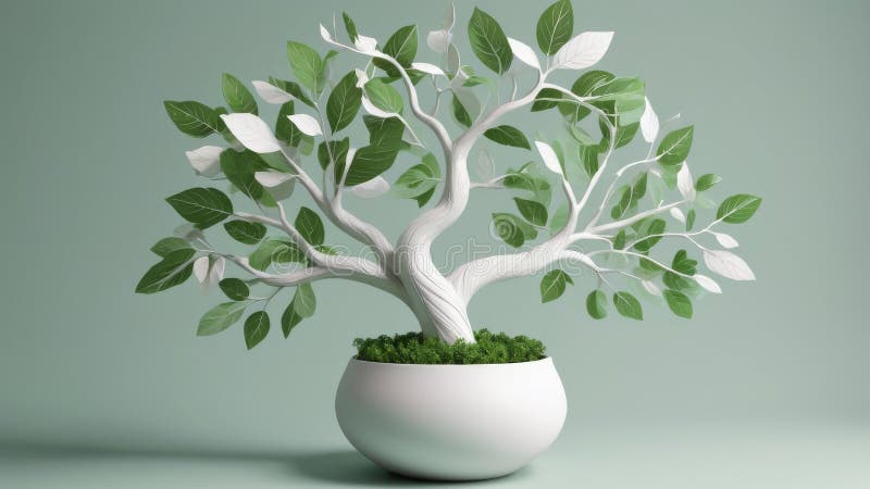 White bonsai tree with green leaves in a white pot against a light green background vector illustration