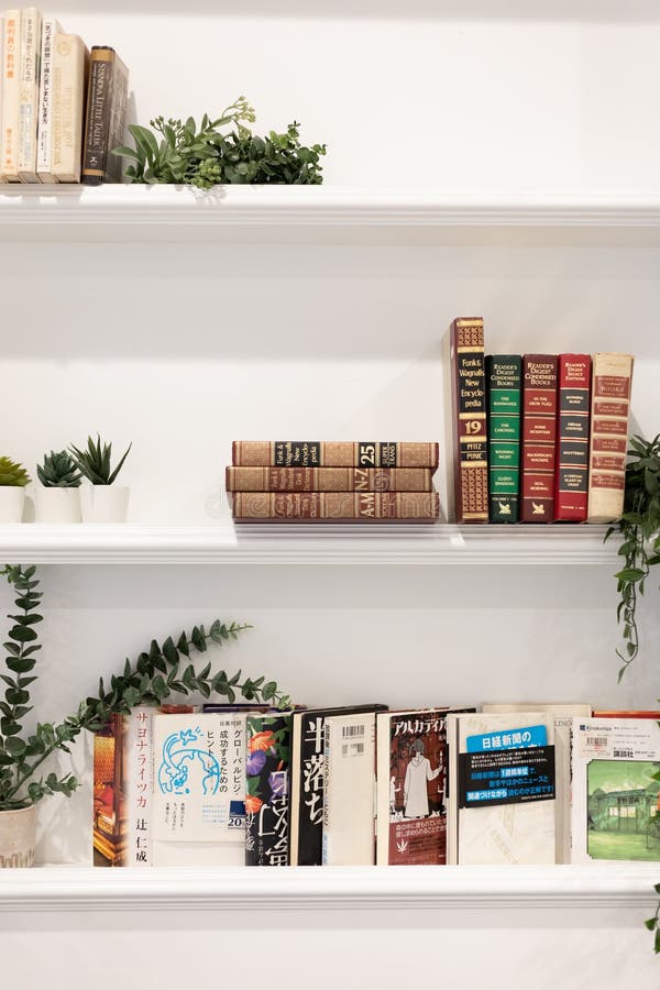 The White Bookshelf Has Books And Decorated With Fake Trees