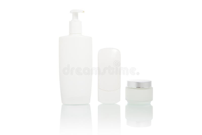 White bottles set (beauty hygiene container) stock photo