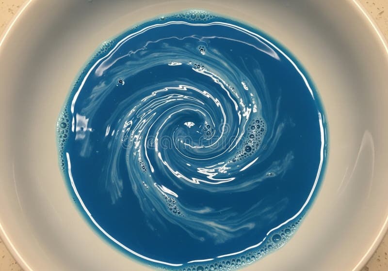 A white bowl contains a swirling blue liquid with hints of white, creating a vortex effect. Small stock illustration