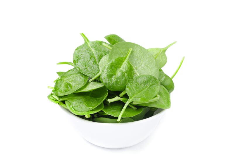 White bowl with fresh spinach isolated