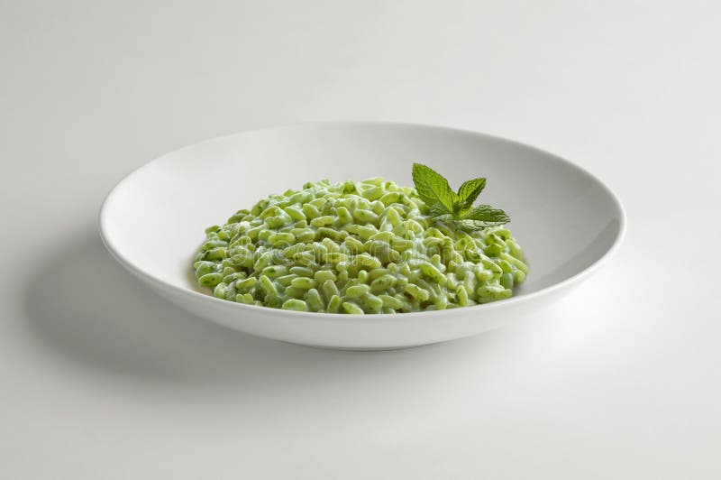 White Bowl with Green Vegetable Risotto Decorated with Mint Leaves Stock Photo Image of