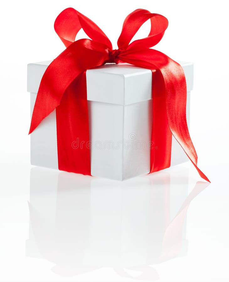 White box with red ribbon