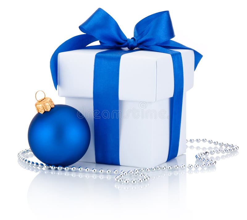 White box tied blue ribbon bow and Christmas ball