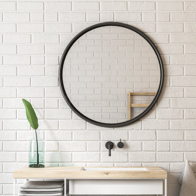 White brick bathroom, sink and mirror close up