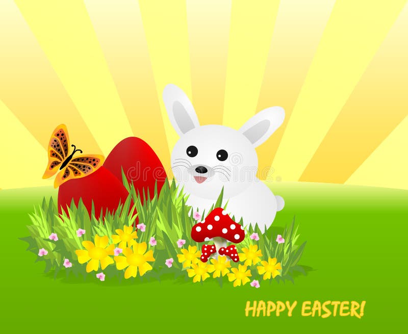 White bunny and red Easter eggs, cdr vector