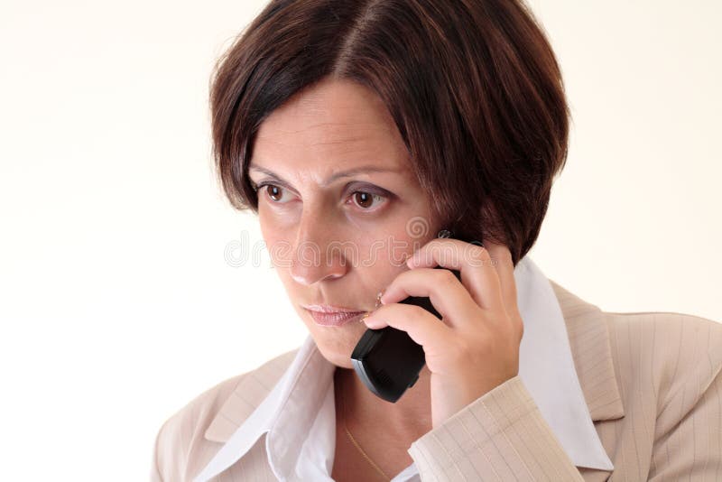 White businesswoman with handy, unhappy