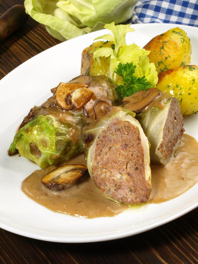 White Cabbage Roll with Roasted Potatoes Stock Image Image of