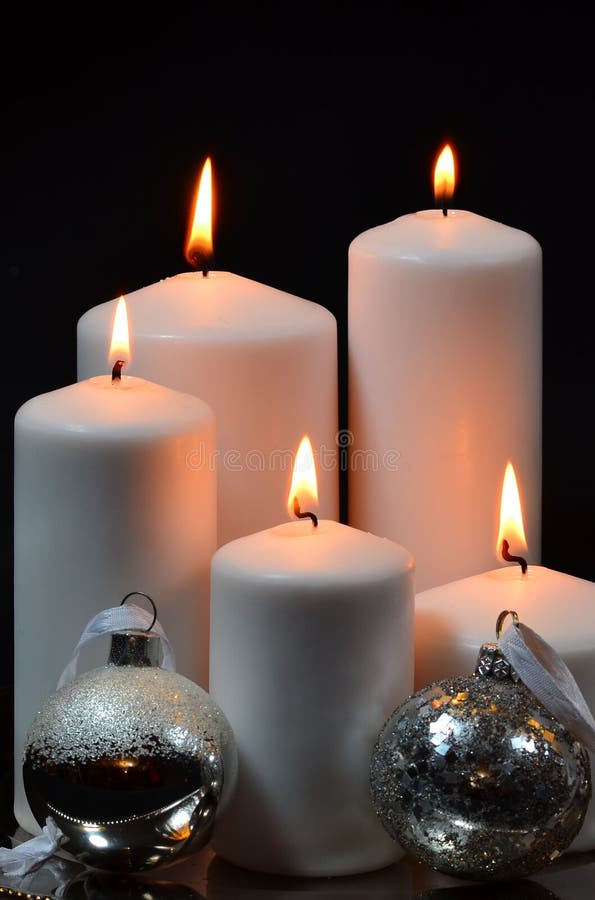 White Candles with Silver Christmas Balls Stock Photo - Image of night