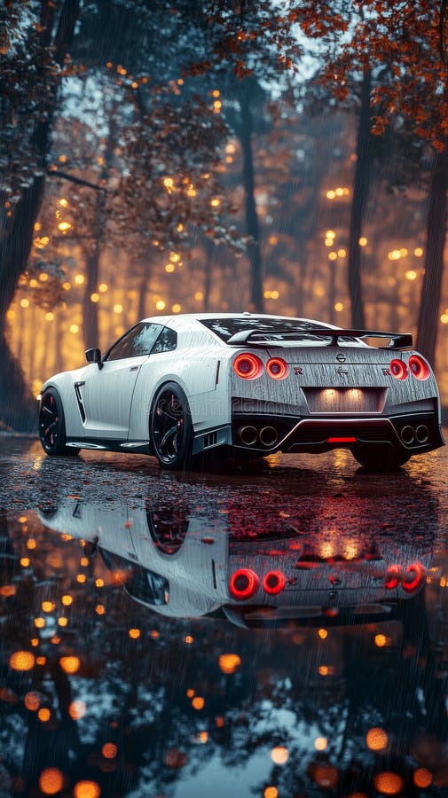 White car with taillights glowing in autumn forest stock photos