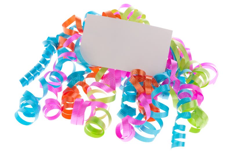White card on curly ribbons stock image