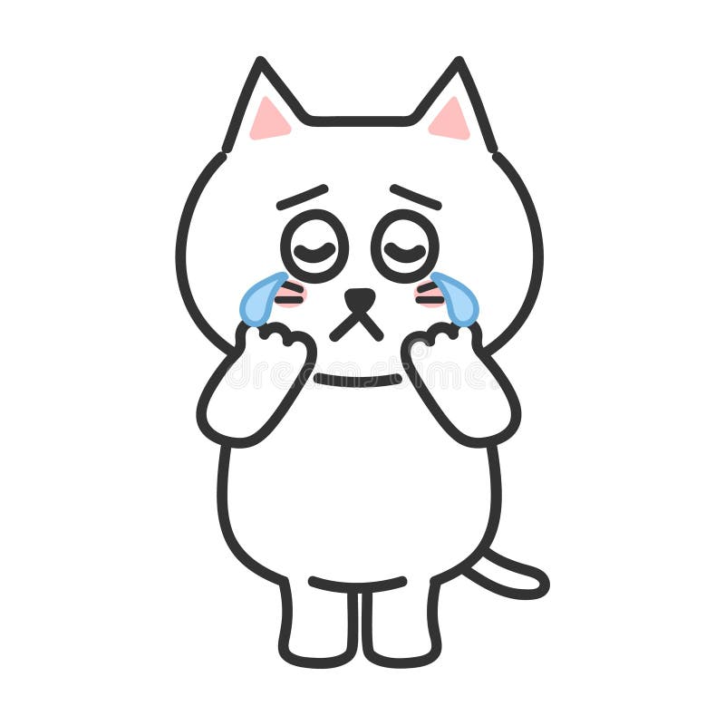 White Cartoon Cat Shedding Tears on Transparent Background Stock Vector