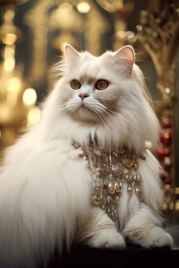 A white cat with a gold collar sitting on a table. Generative AI image. vector illustration