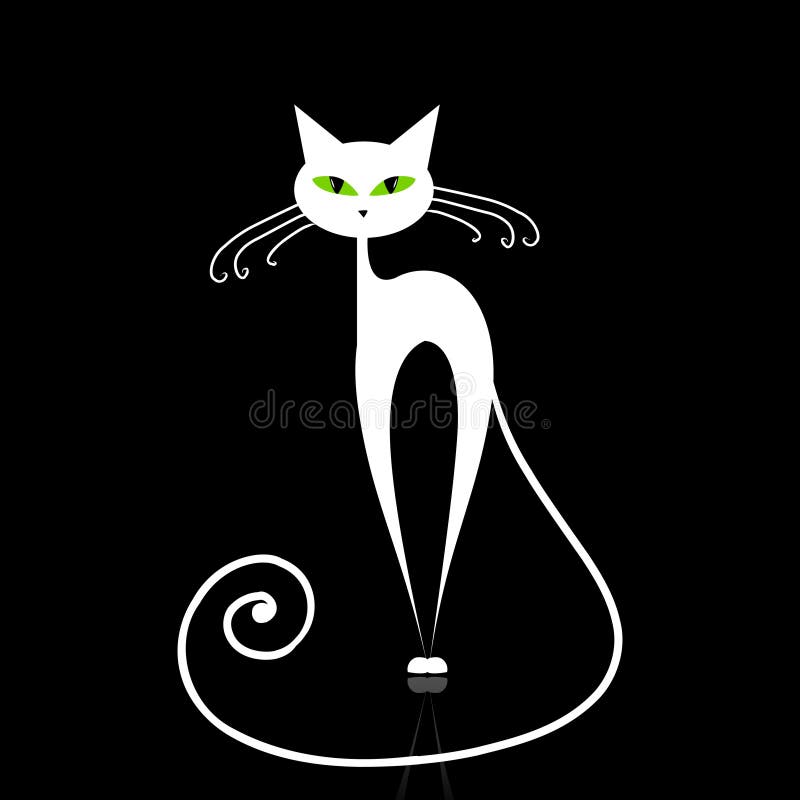 White cat with green eyes on black