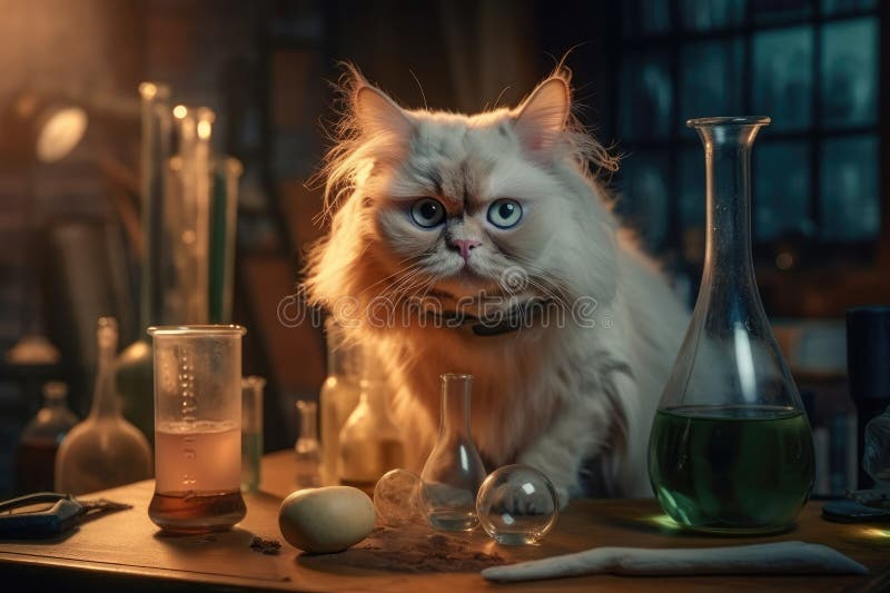 A White Cat Scientist Behind a Laboratory Table with Test Tubes and