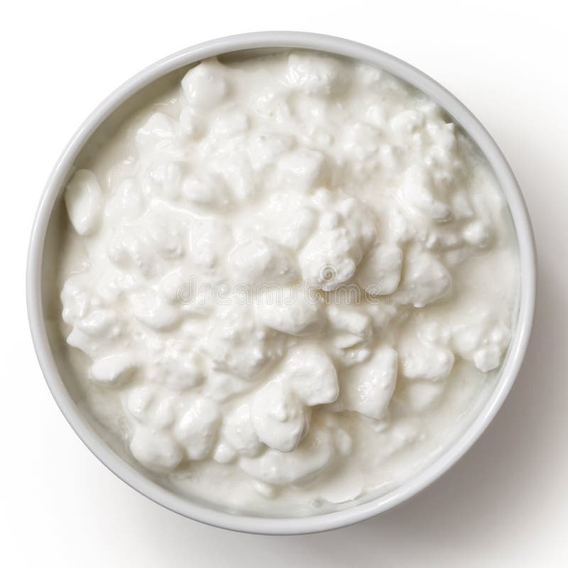 White ceramic bowl of chunky cottage cheese isolated on white fr