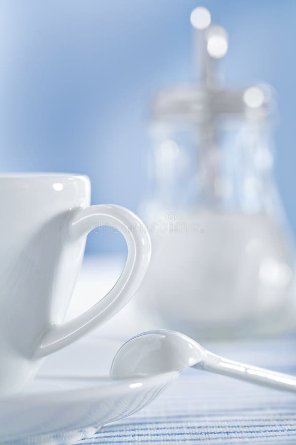 White Ceramic Coffee Cup and Spoon and Sugar Bowl Stock Image Image