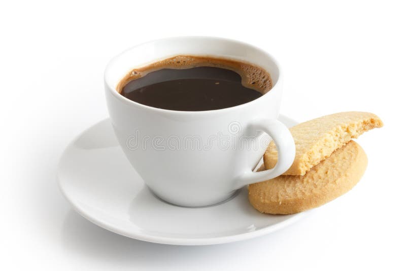 White ceramic cup and saucer with black coffee and shortbread bi