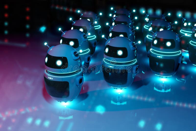 White chatbot robot leading robots group on dark bluish reddish background 3D rendering