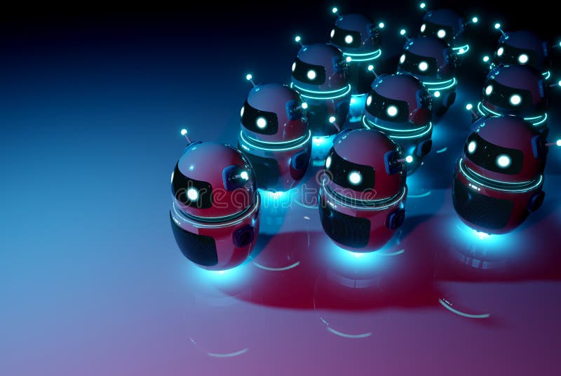 White chatbot robot leading robots group on dark bluish reddish background 3D rendering