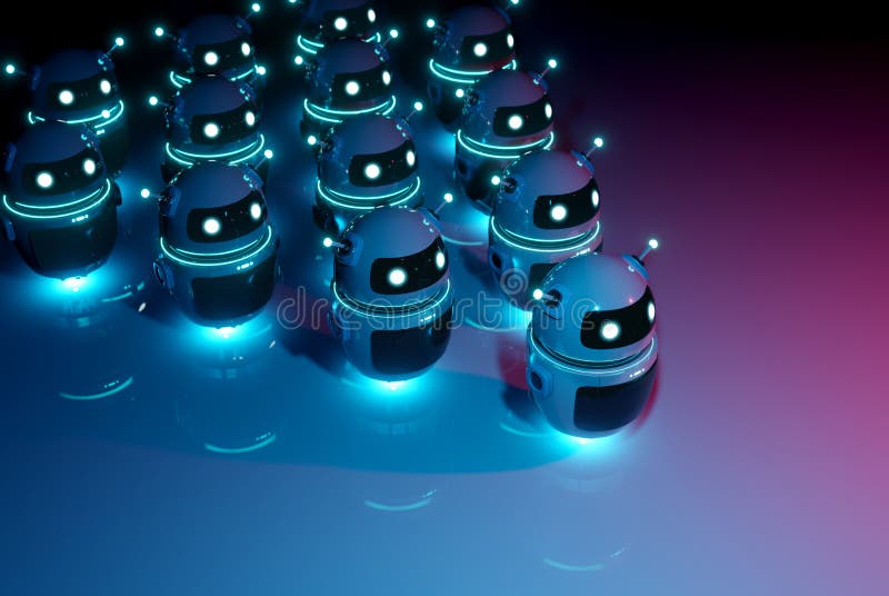 White chatbot robot leading robots group on dark bluish reddish background 3D rendering