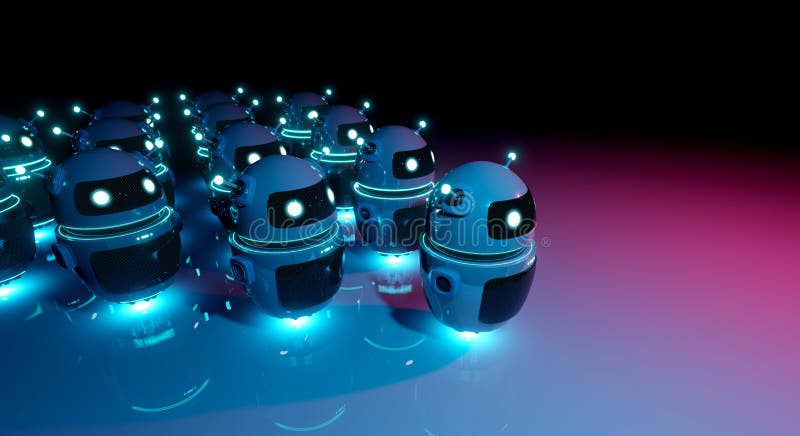 White chatbot robot leading robots group on dark bluish reddish background 3D rendering