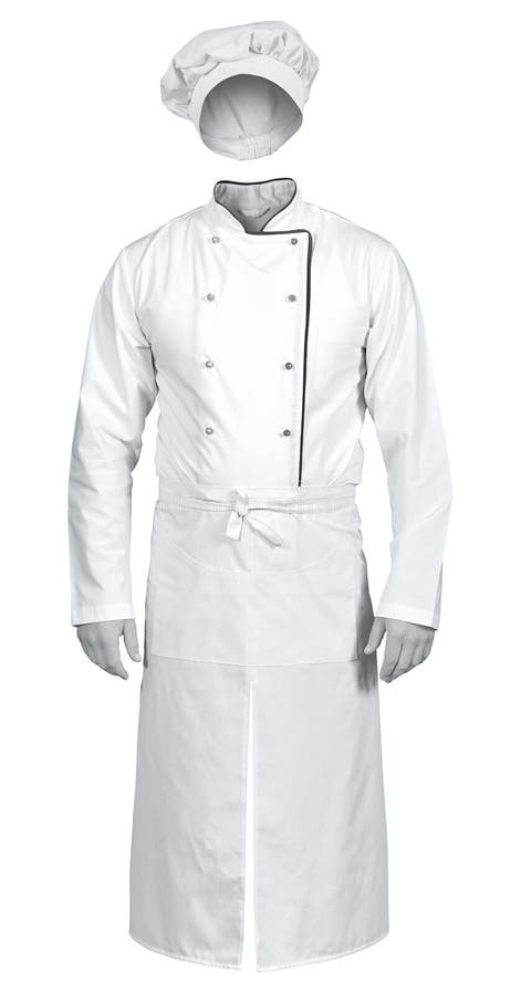 White chef jacket with apron and hat isolated on white background stock photo