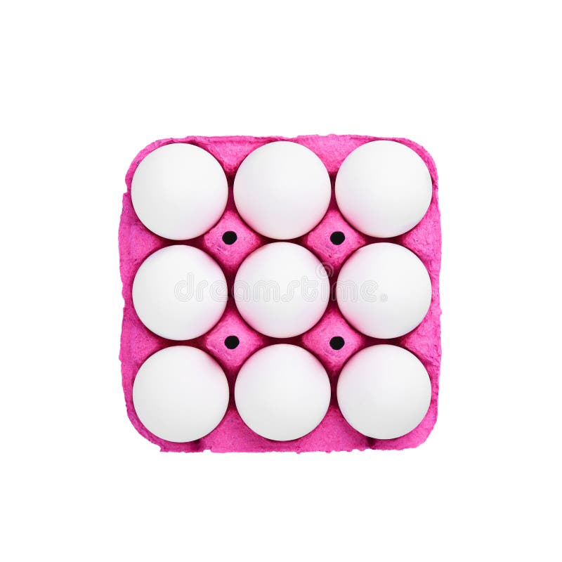 White chicken eggs in a pink carton tray box on isolated white background