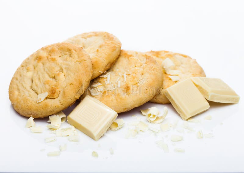 White Chocolate Biscuit Cookies with Chocolate Blocks and Curls on
